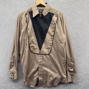 Vintage Panhandle Slim Shirt Mens 16 Tan Black Western Bib Snap Made USA Long